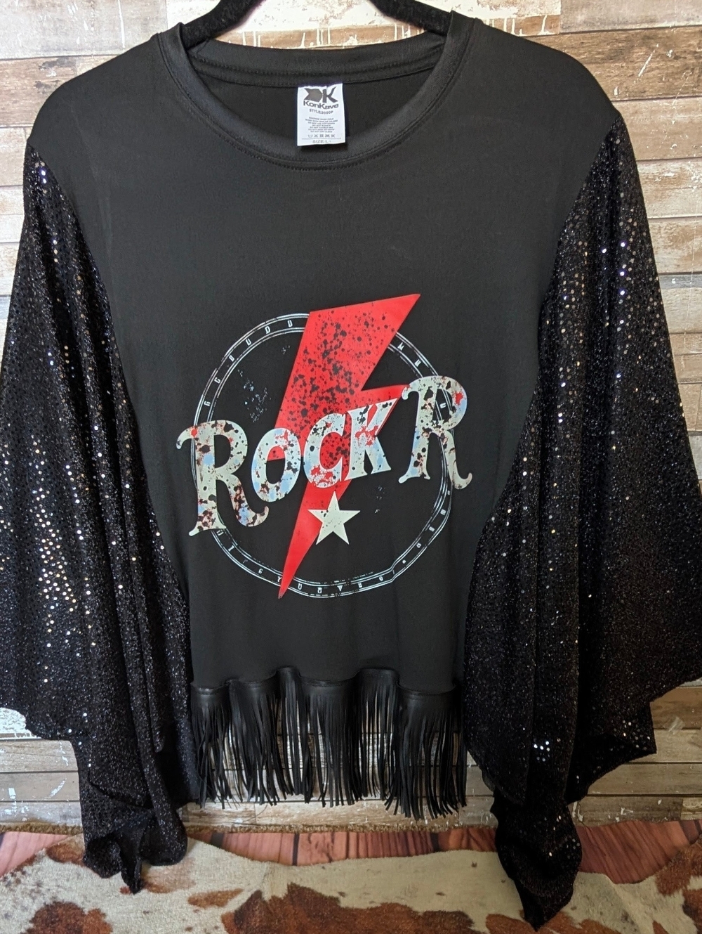 New Handcrafted Rock R Lightening Bolt Graphic With Metallic Bat Winged Sleeves